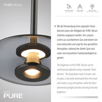 Pendul LED PURE VITRUM gri Zuma Line 2053-15, D22 cm, 10.1W