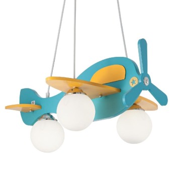 Lustră copii model avion, 3 becuri, albastru-galben, iluminat cameră băieți / nursery