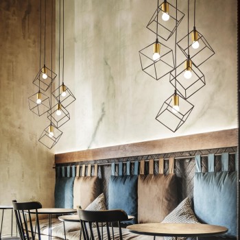 Lustră modernă suspendată 5 becuri, design geometric industrial, negru + auriu, pentru living/scară