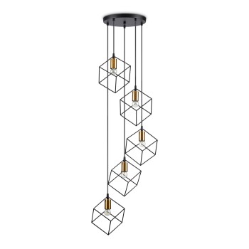 Lustră modernă suspendată 5 becuri, design geometric industrial, negru + auriu, pentru living/scară
