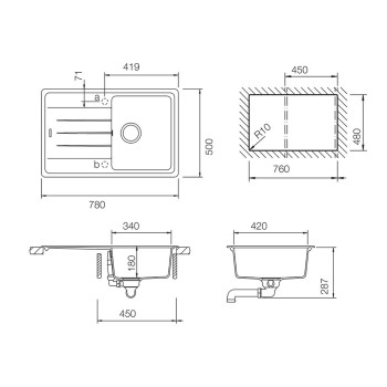 Set Chiuveta Element D-100S 780 x 500 mm si Baterie Fonos Nero Schock Cristalite - 1