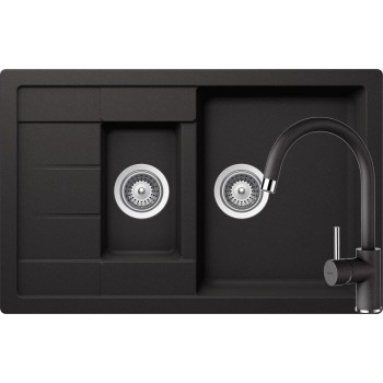Set Chiuveta Manhattan D-150S 780 x 500 mm si Baterie Plutos Nero Schock Cristalite - 1