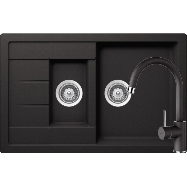 Set Chiuveta Manhattan D-150S 780 x 500 mm si Baterie Plutos Nero Schock Cristalite - 1