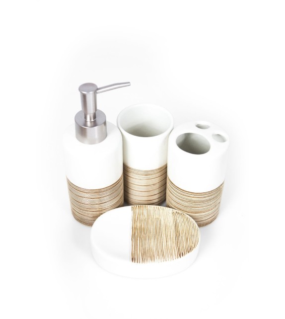 Set de baie, ceramica 4 piese, alb cu striatii maro - 1