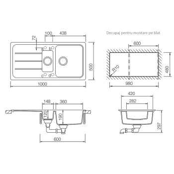 Chiuveta Bucatarie SCHOCK FORMHAUS D-150L 1000 x 500 mm, Alpina Cristalite - 1