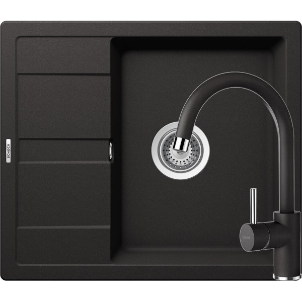 Set Schock Chiuveta Ronda D-100 580 x 500 mm si Baterie Plutos, Nero Cristalite - 1