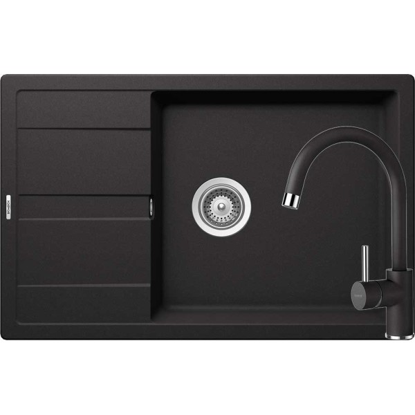 Set Schock Chiuveta Ronda D-100XL 780 x 500 mm si Baterie Plutos, Nero Cristalite - 1