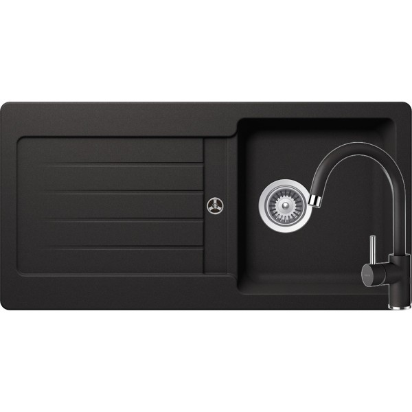Set Schock Chiuveta Typos D-100S 860 x 435 mm si Baterie Plutos, Nero Cristalite - 1
