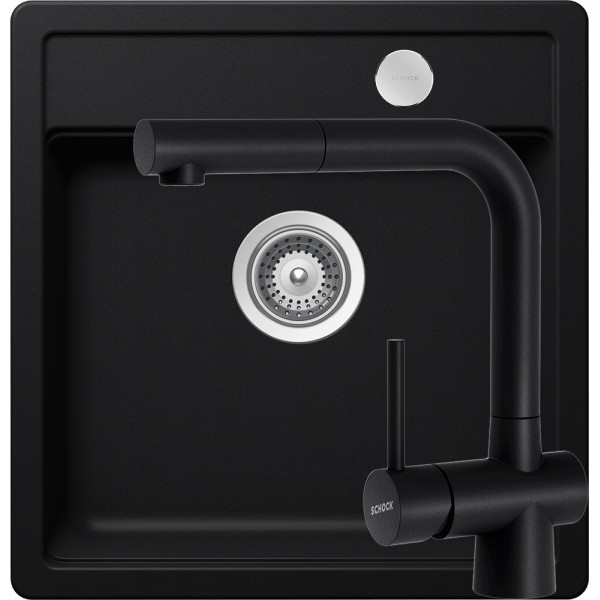 Set chiuveta cu baterie bucatarie Schock Mono N-100S 490 x 510 mm si Laios Cristadur Puro cu cap extractibil, negru intens - 1