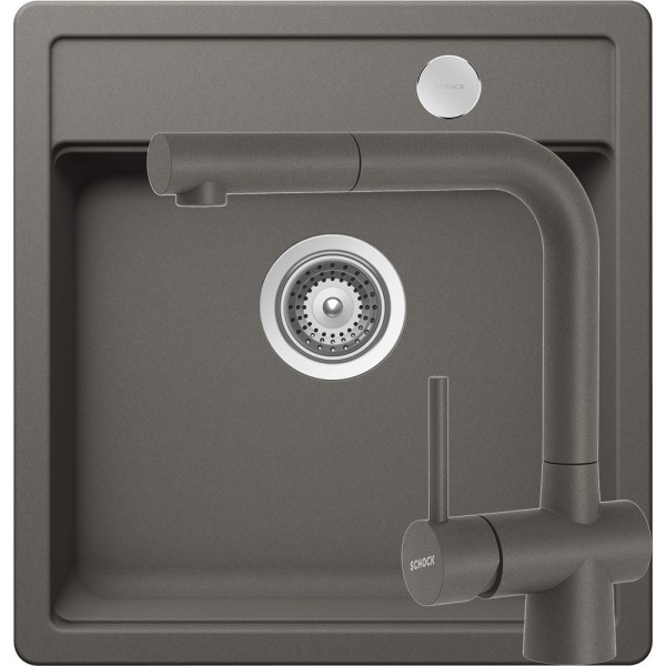 Set chiuveta cu baterie bucatarie Schock Mono N-100S 490 x 510 mm si Laios Cristadur Silverstone cu cap extractibil, gri inchis 