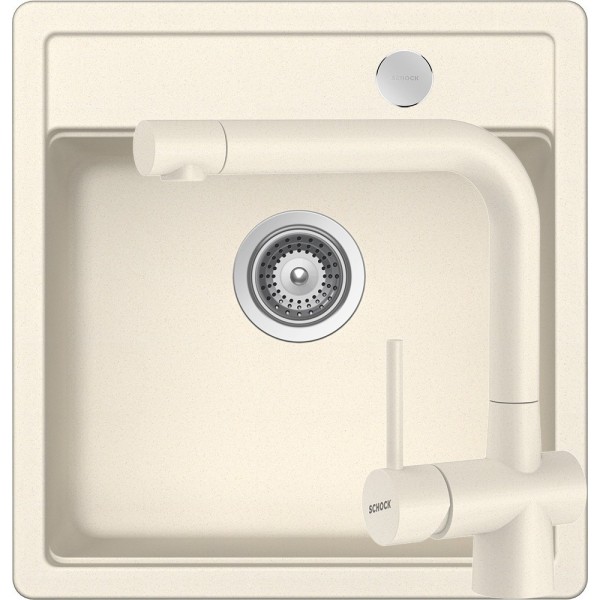 Set chiuveta cu baterie bucatarie Schock Mono N-100S 490 x 510 mm si Laios Cristadur Magnolia, alb cremos - 1