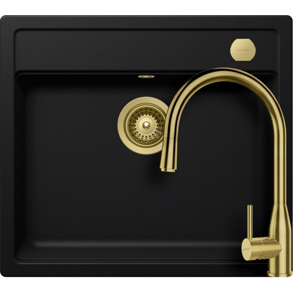 Set chiuveta Schock Mono N-100 570x510 mm Cristadur Puro, cu baterie Schock Kavus cap extractibil si parti vizibile Gold - 1