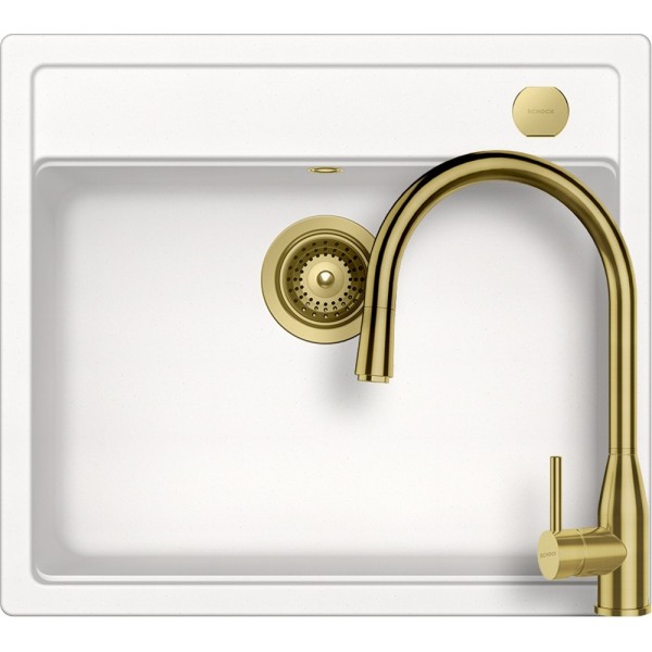 Set chiuveta Schock Mono N-100 570x510 mm Cristadur Polaris, cu baterie Schock Kavus cap extractibil si parti vizibile Gold - 1