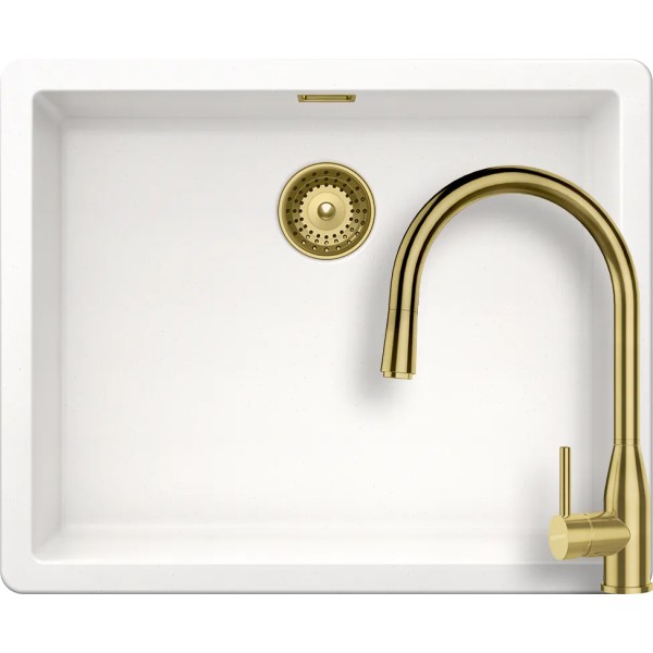 Set chiuveta Schock Greenwich N-100L 556 x 456 mm Cristadur Polaris cu baterie Kavus cu cap extractibil si parti vizibile Gold