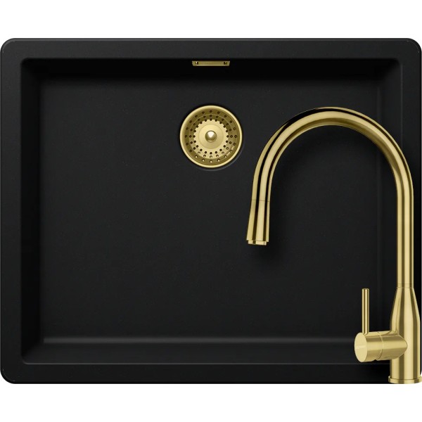 Set chiuveta Schock Greenwich N-100L 556 x 456 mm Cristadur Puro cu baterie Kavus cu cap extractibil si parti vizibile Gold