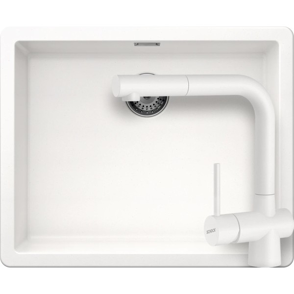 Set chiuveta bucatarie Schock Greenwich N-100L 556 x 456 mm cu baterie Schock Laios Cristadur Polaris cu cap extractibil, alb