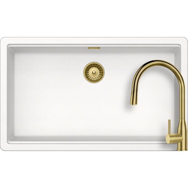 Set chiuveta Schock Greenwich N-100XL 750 x 455 mm Cristadur Polaris si baterie Kavus cu cap extractibil si parti vizibile Gold