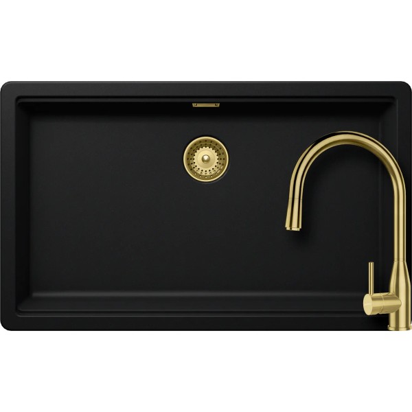 Set chiuveta Schock Greenwich N-100XL 750 x 455 mm Cristadur Puro si baterie Kavus cu cap extractibil si parti vizibile Gold