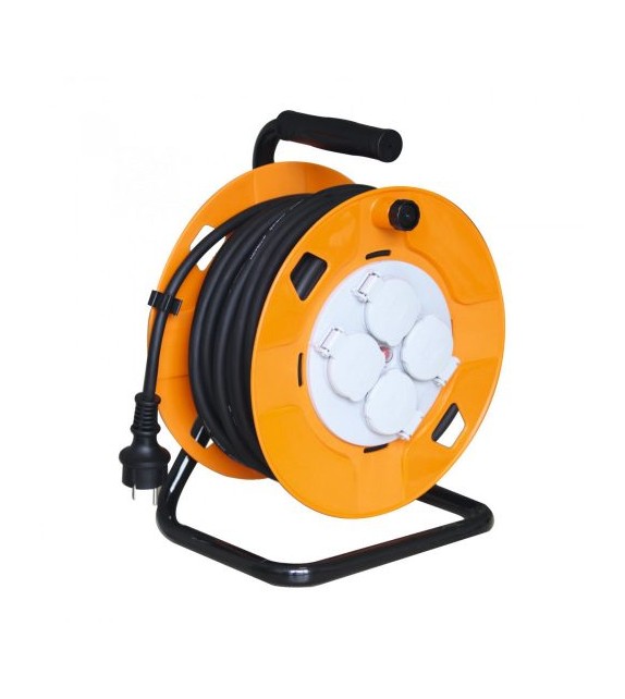 Prelungitor cu tambur Home HJR 10-50, 4 prize cu împământare, cablu 50 m, 3x1.5 mm2, IP44, cadru metalic