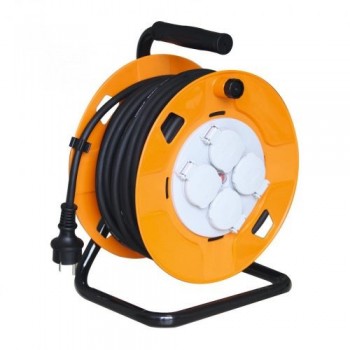Prelungitor cu tambur Home HJR 10-25/1.0, 4 prize cu împământare, cablu 25 m, 3x1.0 mm2, IP44, cadru metalic