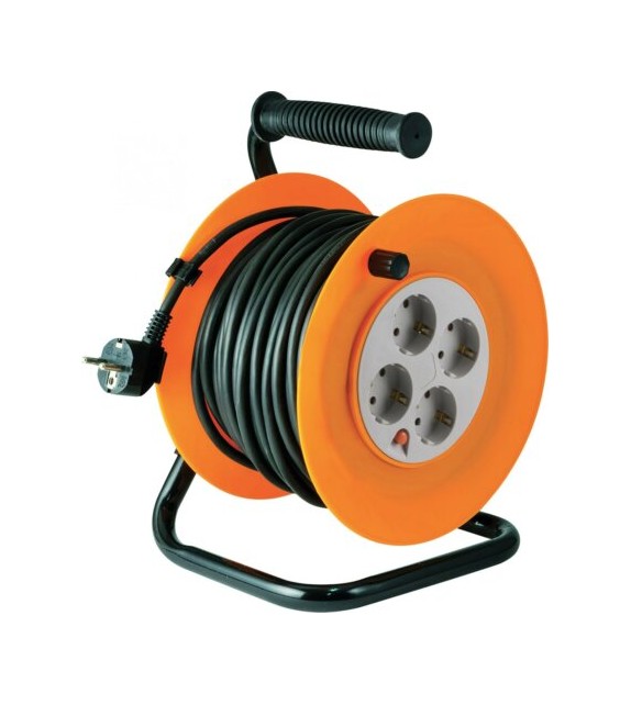Prelungitor cu tambur Home HJR 4-50, 4 prize cu protectie, cablu 50 m, 3x1.5 mm2, IP20, cadru metalic