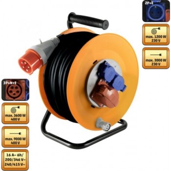 Prelungitor cu tambur Home HJR 400-25, 3 prize 2x230 V + 1x400V, cablu cauciucat 25 m, IP44, cadru metalic
