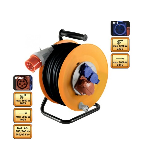 Prelungitor cu tambur Home HJR 400-25, 3 prize 2x230 V + 1x400V, cablu cauciucat 25 m, IP44, cadru metalic