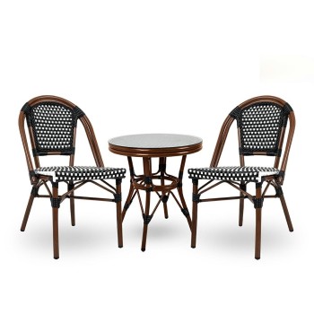 Masuta CAFE PARIS 62x60 cm, din ratan cu efect de lemn de nuc si otel