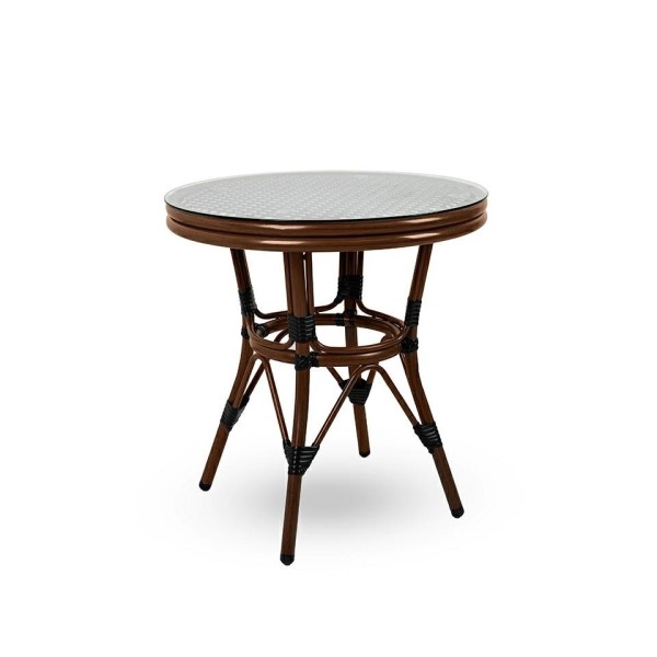Masuta CAFE PARIS 62x60 cm, din ratan cu efect de lemn de nuc si otel