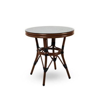 SET CAFE PARIS, Masuta si 2 Scaune din ratan cu efect de lemn de nuc si otel
