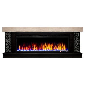 Semineu electric decorativ cu mobilier, Galateea maxi & Schubert 50, Bej/negru, Flacara multicolora, Art Flame 1800 x 700 x 275