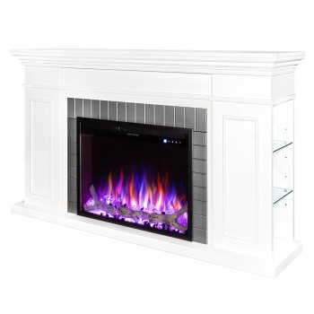 Semineu electric decorativ cu mobilier, Safina & Tomas maxi, Alb/gri, Flacara multicolora, Art Flame 1700 x 900 x 300