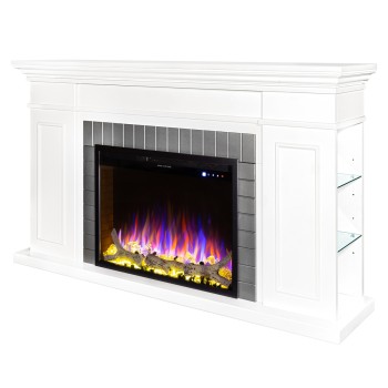 Semineu electric decorativ cu mobilier, Safina & Tomas maxi, Alb/gri, Flacara multicolora, Art Flame 1700 x 900 x 300