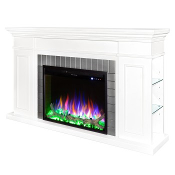 Semineu electric decorativ cu mobilier, Safina & Tomas maxi, Alb/gri, Flacara multicolora, Art Flame 1700 x 900 x 300