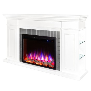 Semineu electric decorativ cu mobilier, Safina & Tomas maxi, Alb/gri, Flacara multicolora, Art Flame 1700 x 900 x 300