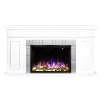 Semineu electric decorativ cu mobilier, Safina & Tomas maxi, Alb/gri, Flacara multicolora, Art Flame 1700 x 900 x 300