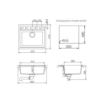 Chiuveta bucatarie Schock Nemo N-100 Cristalite Onyx 570 x 510 mm, compozit granit, montare pe blat, negru metalizat