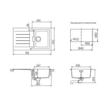 Chiuveta bucatarie Schock Signus D-100 Cristadur Silverstone 860 x 500 mm, reversibila, montare pe blat, gri inchis