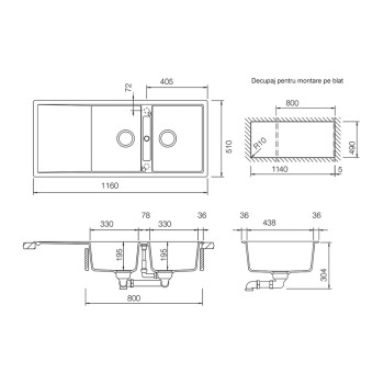 Chiuveta bucatarie Schock Mono D-200 Cristadur Puro 1160 x 510 mm cu sifon, reversibila, montare pe blat, negru intens