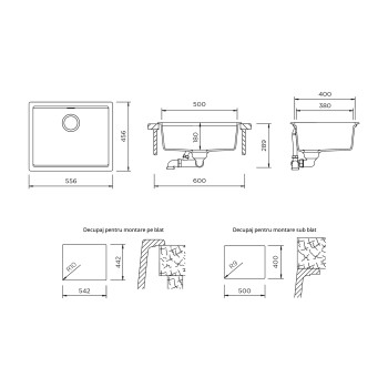 Chiuveta bucatarie Schock Lahti N-100L Cristalite Onyx 556 x 456 mm, compozit granit, montare pe/sub blat, negru metalizat