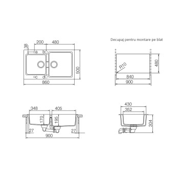 Chiuveta bucatarie Schock Primus N-200 Cristalite Nero 860 x 500 mm, compozit granit, reversibila, montare pe blat, negru