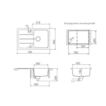 Chiuveta bucatarie Schock Formhaus D-100S Cristalite Everest 780 x 500 mm, compozit granit, reversibila, montare pe blat, greige