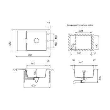 Chiuveta bucatarie Schock Mono D-100XS Cristadur Green Line Twilight 780 x 510 mm, reversibila, montare pe blat, gri taupe