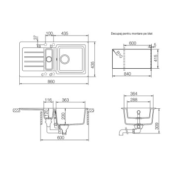 Chiuveta bucatarie Schock Typos D-150S Cristalite Vanilla 860 x 435 mm, reversibila, montare pe blat, bej deschis