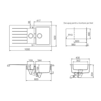 Chiuveta bucatarie Schock Signus D-150 Cristadur Silverstone 1000 x 500 mm, reversibila, montare pe blat, gri inchis