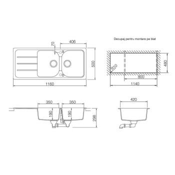 Chiuveta bucatarie Schock Formhaus D-200 Cristalite Vanilla 1160 x 500 mm, reversibila, montare pe blat, bej deschis