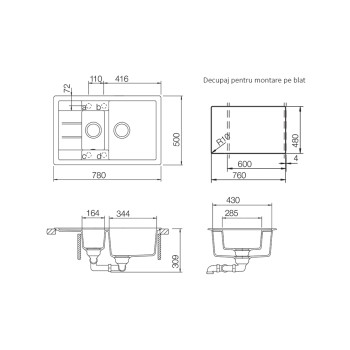 Chiuveta bucatarie Schock Manhattan D-150S Cristalite Vanilla 780 x 500 mm, reversibila, montare pe blat, bej deschis