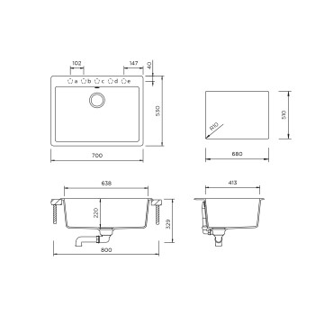 Chiuveta bucatarie Schock Galaxy N-100L Cristadur Polaris 700 x 530 mm, compozit granit, montare pe blat, alb polar