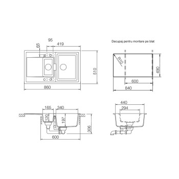 Chiuveta bucatarie Schock Mono D-150 Cristadur Green Line Twilight 860 x 510 mm, reversibila, montare pe blat, gri taupe