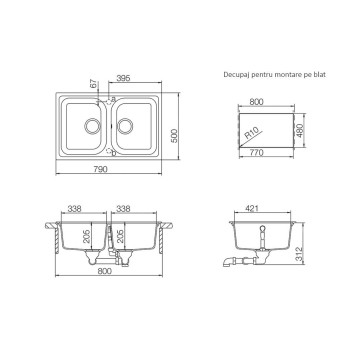 Chiuveta bucatarie Schock Viola N-200S Cristalite Vanilla 790 x 500 mm, reversibila, montare pe blat, bej deschis